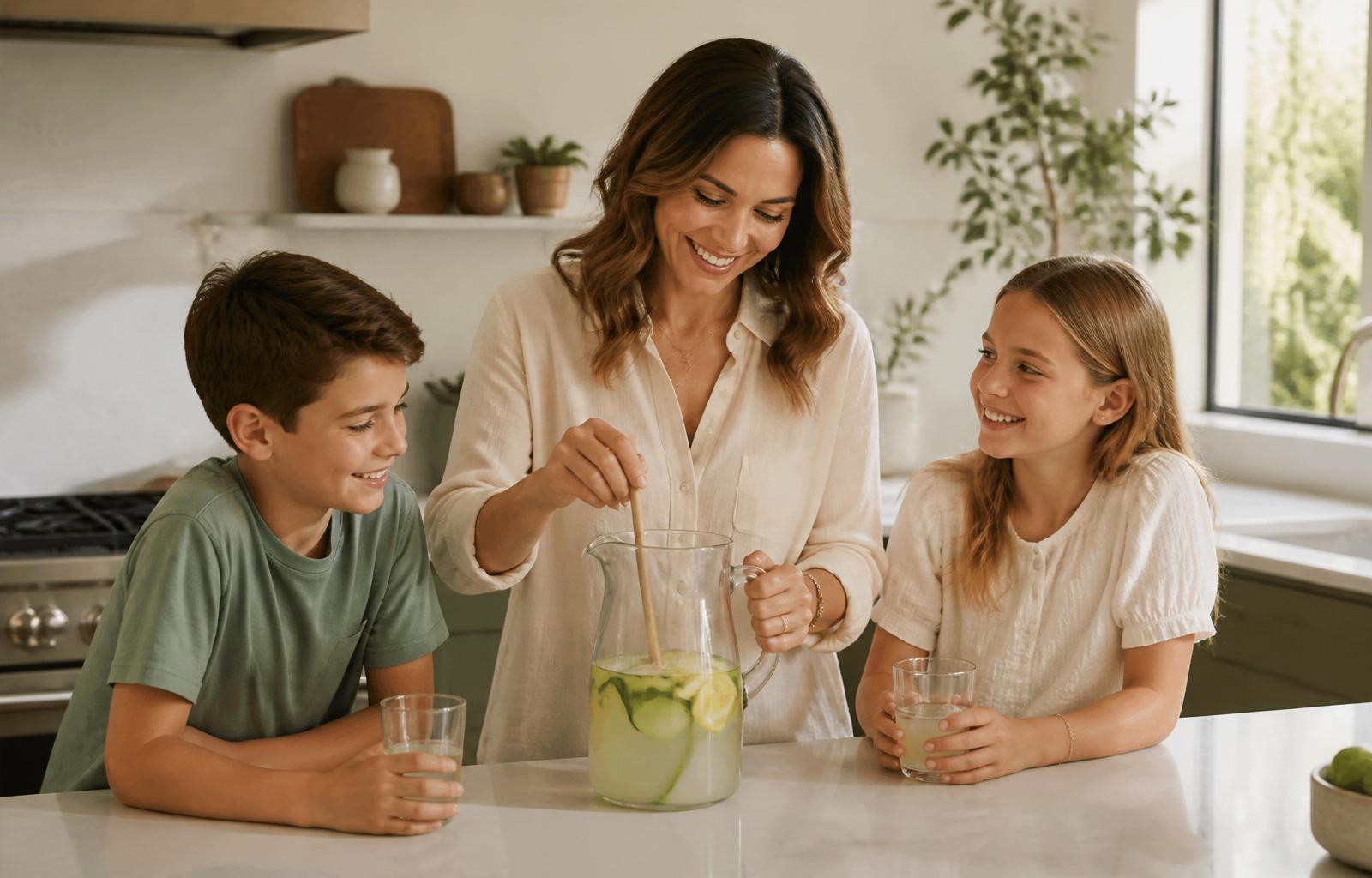 A mother and her two children sharing Hydrate Heroes® together at home — family wellness ritual