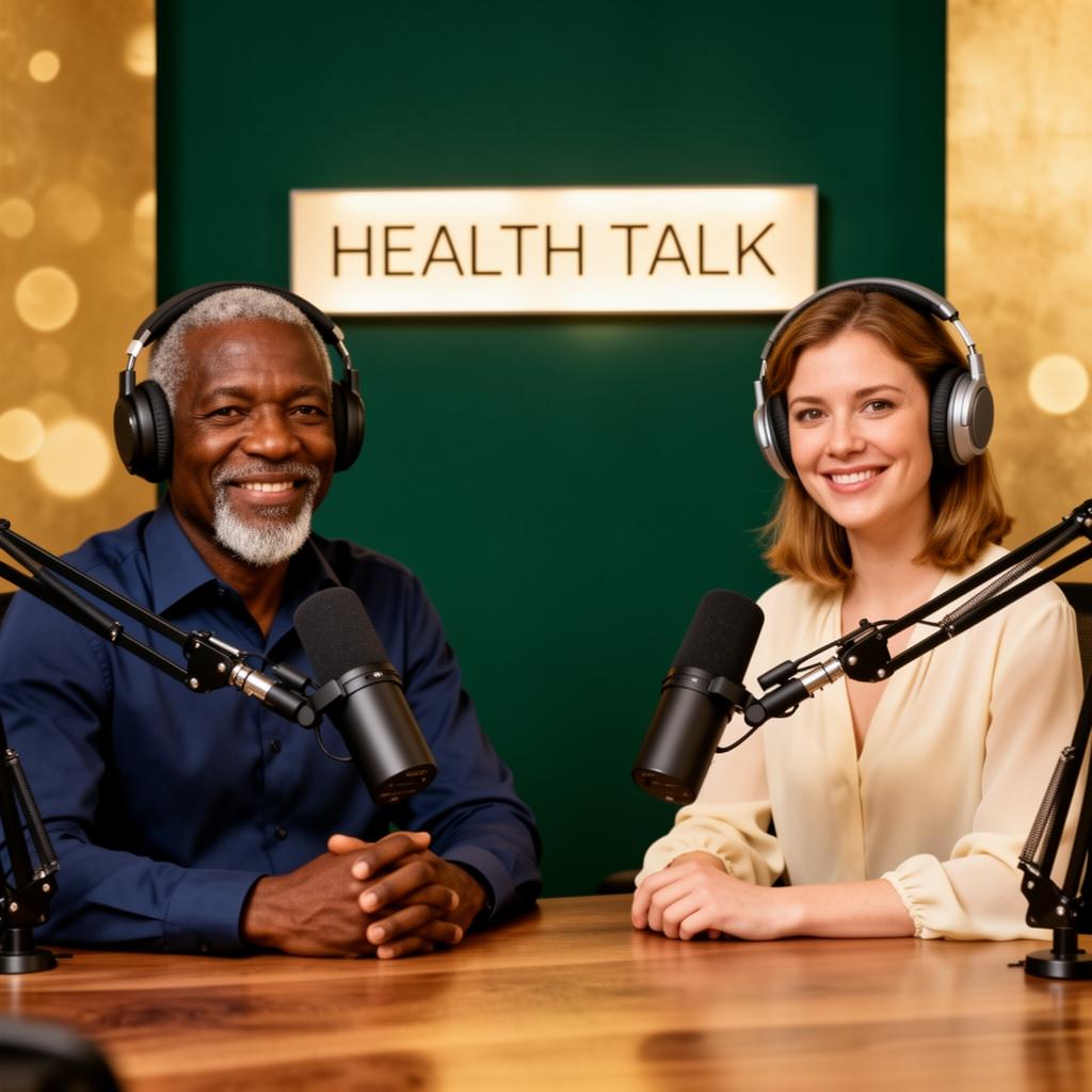 Health Talk podcast hosts in studio with microphones and headphones