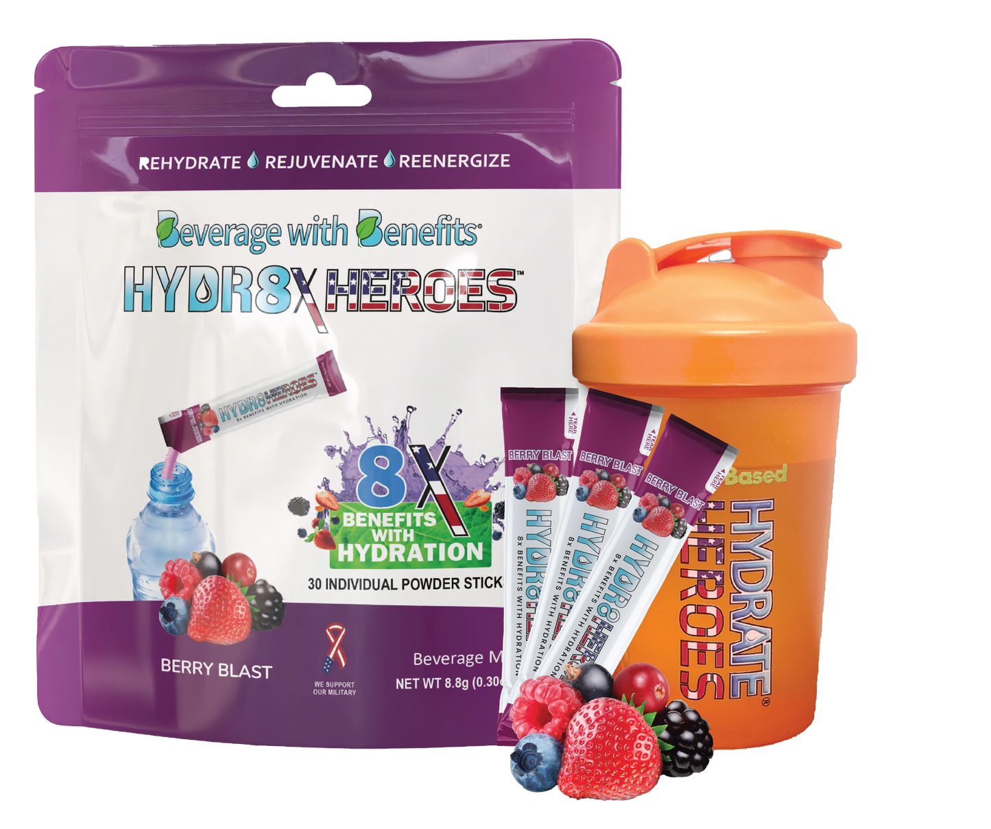 BERRY BLAST STICK PACKS - 30 Individual Hydration Powder Sticks $49.99 Value with Shaker