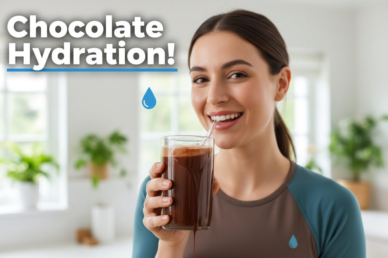 create a thumbnail showing a girl drinking liquid chocolate out of a glass with TEXT: Chocolate Hydration!  