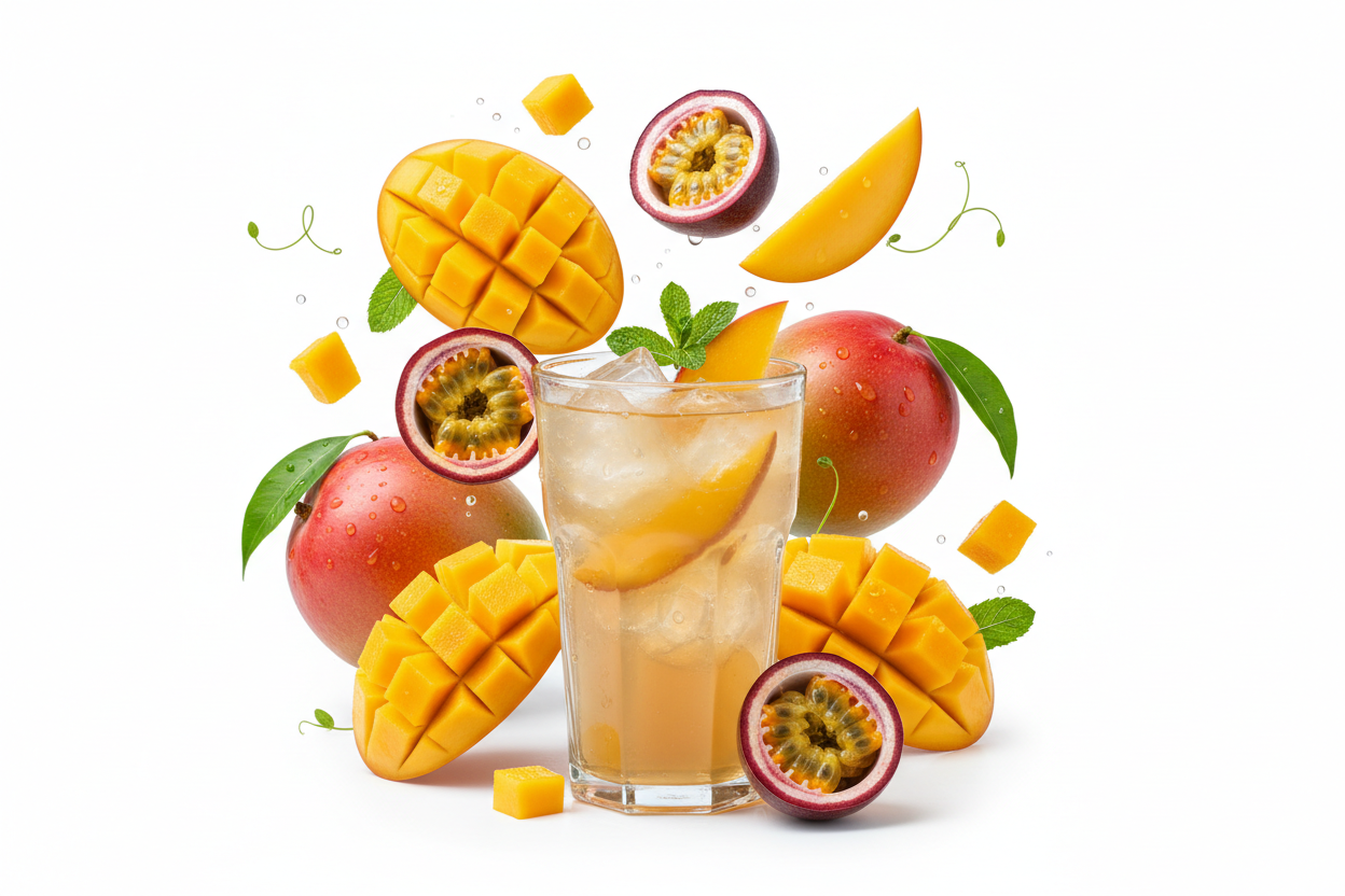 create an image showing fruits for mango passionfruit beverage 