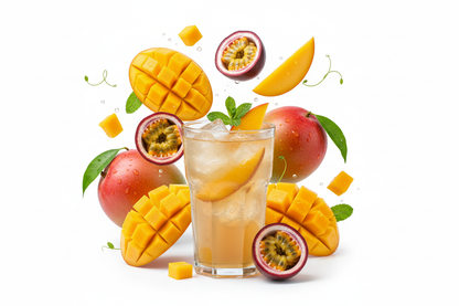 create an image showing fruits for mango passionfruit beverage 