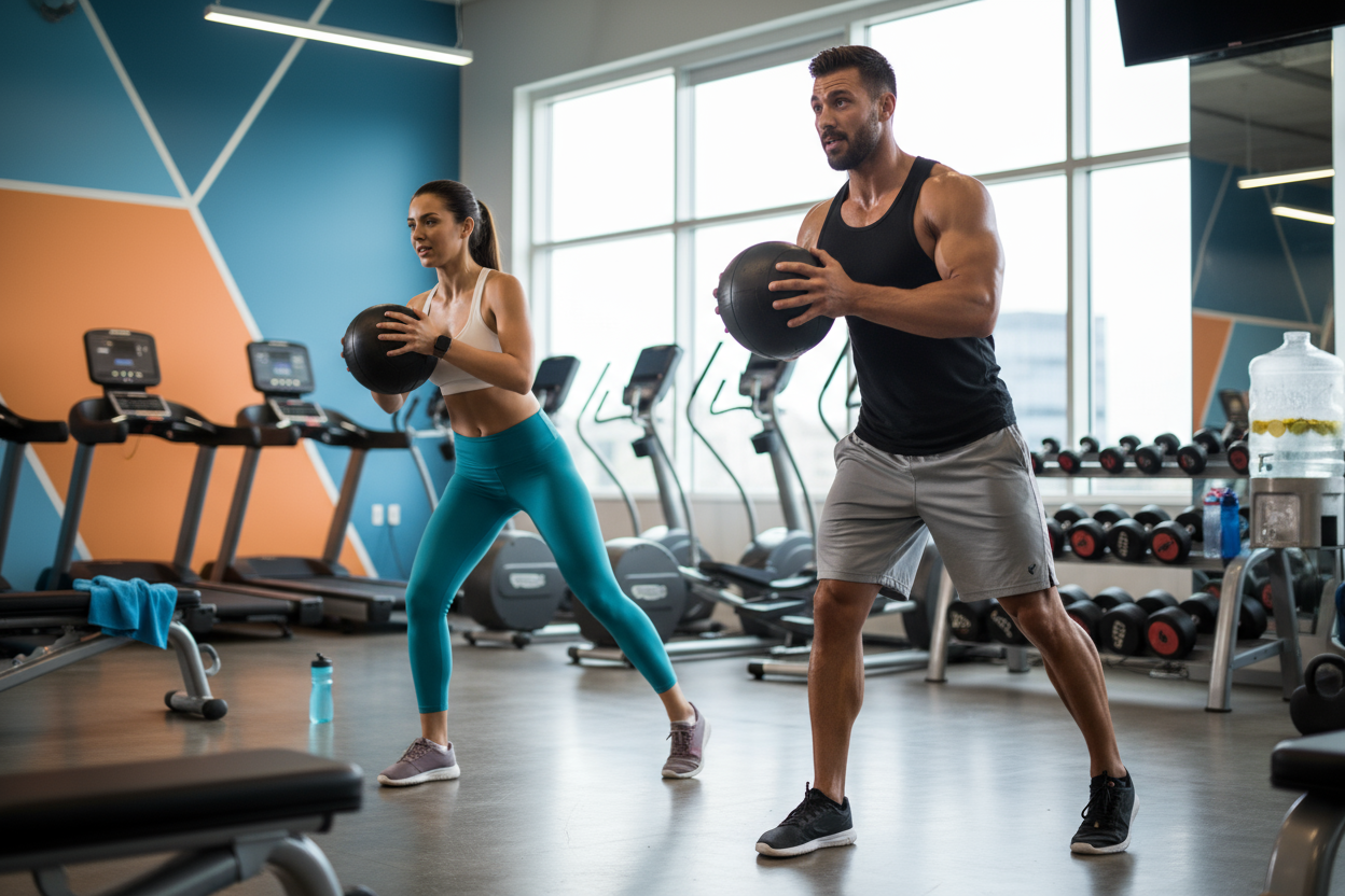 guy girl working our