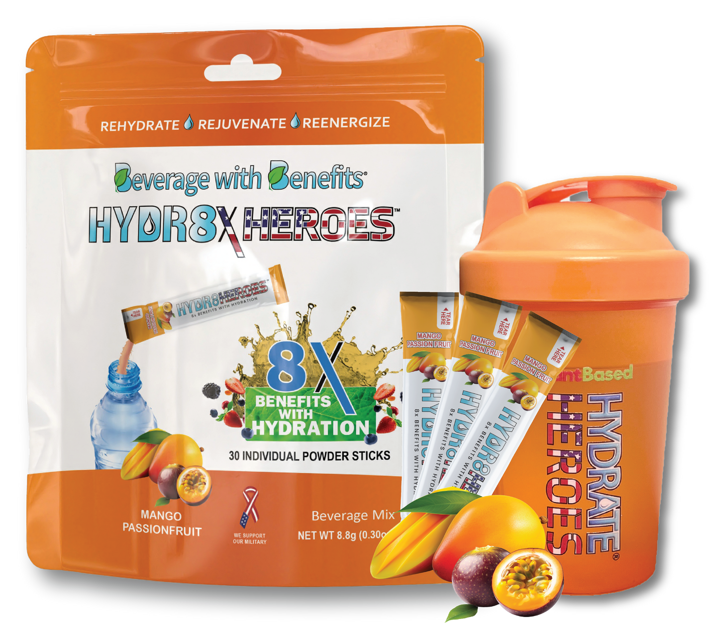 Mango Passion Fruit STICK PACKS - 30 Individual Hydration Powder Sticks $49.99 Value with Shaker