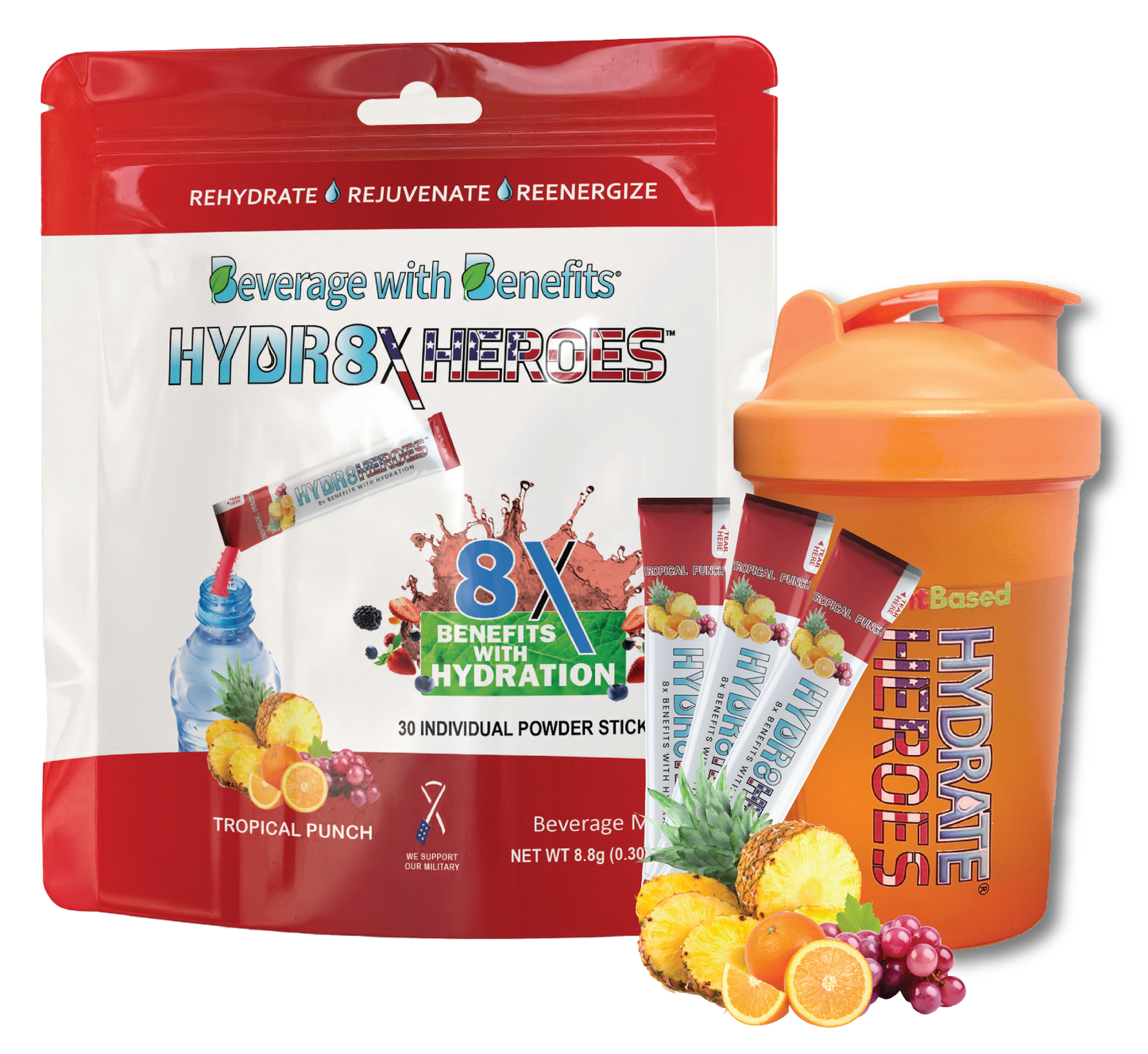 TROPICAL PUNCH STICK PACKS - 30 Individual Hydration Powder Sticks $49.99 Value with Shaker